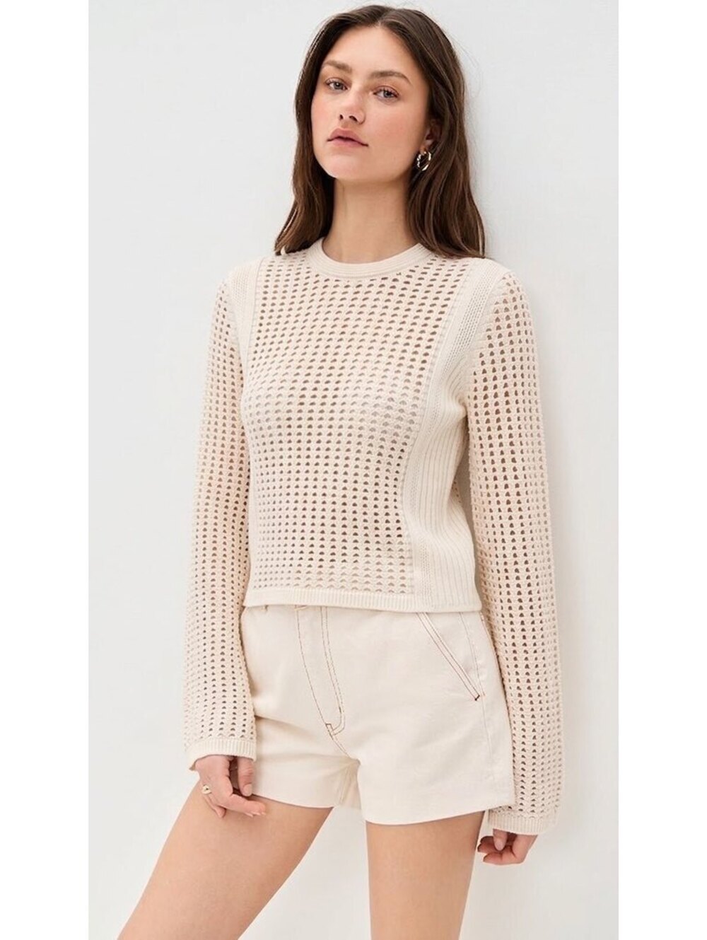 Tory Burch Open Knit Crewneck Sweater Cream Pink Ribbed Trim Size Medium
